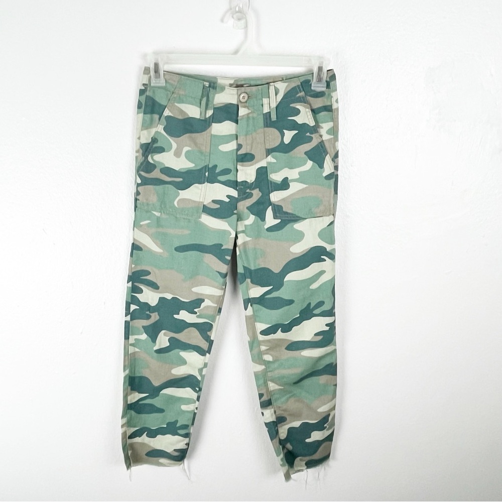 MOTHER The Shaker Chop Crop Linen Blend High Rise Camo Print Fray Hem Pants 26